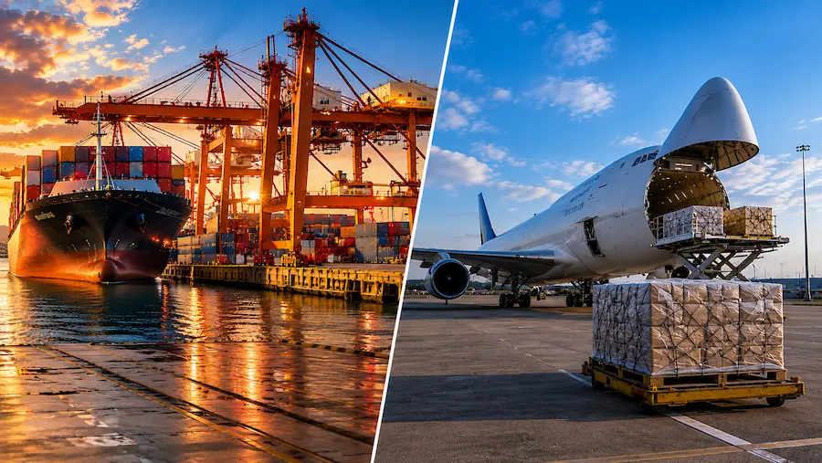 Operação de despacho aduaneiro em transporte marítimo e aéreo, com navio cargueiro no porto e avião recebendo cargas no aeroporto.