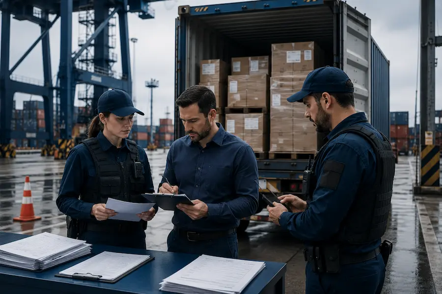 Agentes realizando conferência documental e física de mercadorias em contêiner aberto no porto, representando carga em canal vermelho no desembaraço aduaneiro.