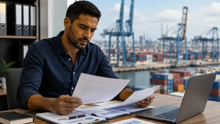 Homem analisando documentação de despacho aduaneiro de importação