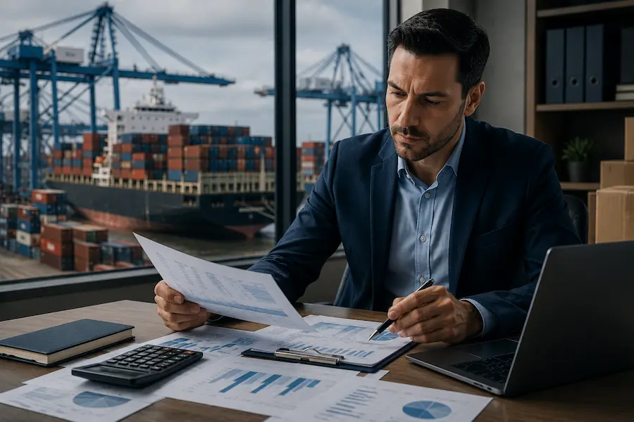 Especialista em comércio exterior analisando documentos, custos e planilhas de importação com porto ao fundo, representando erros que podem gerar despesas extras no desembaraço aduaneiro.