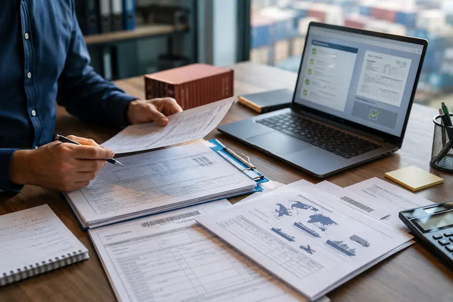 Profissional analisando documentos de importação, invoice, packing list e conferências digitais para o processo de despacho aduaneiro.