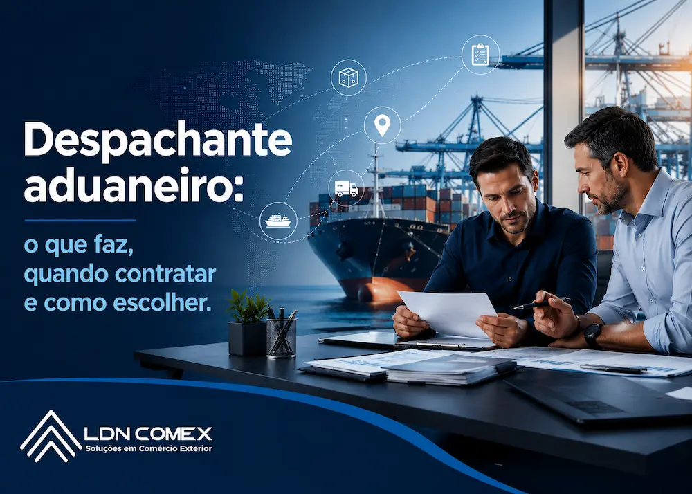 Imagem de capa sobre despachante aduaneiro, com profissionais analisando documentos de comércio exterior, navio cargueiro ao fundo e elementos visuais de logística internacional.