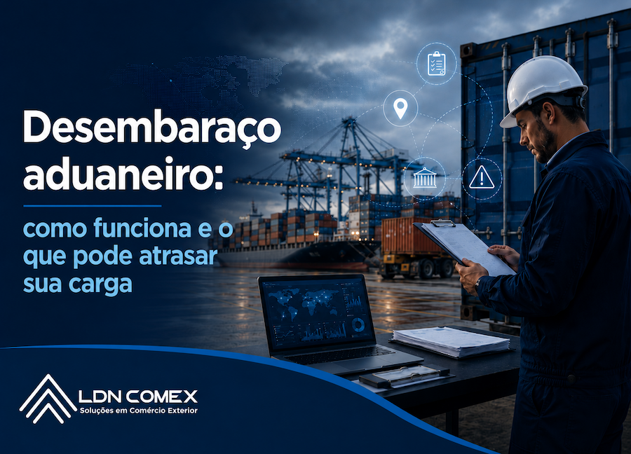 Imagem de capa sobre desembaraço aduaneiro, com profissional analisando documentos em área portuária com contêineres, guindastes e elementos digitais de logística.