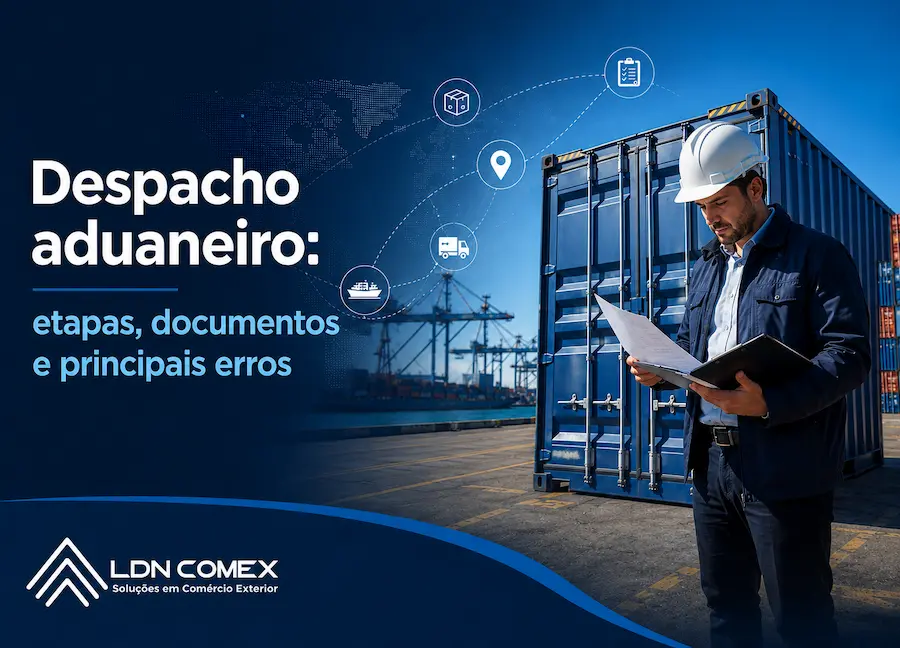 Capa do artigo sobre despacho aduaneiro, etapas, documentos e principais erros, com profissional analisando carga em área portuária.