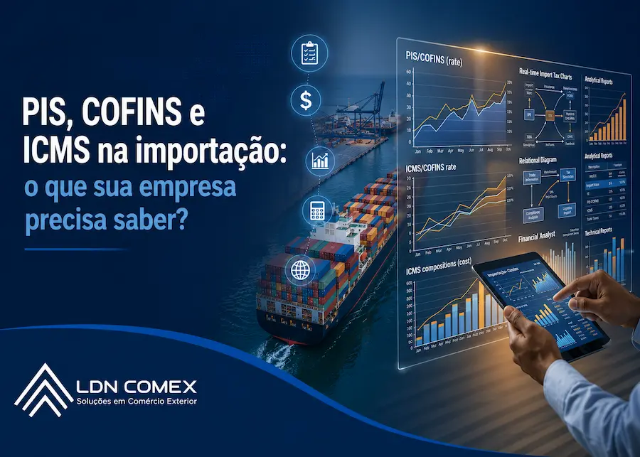 Ilustração sobre PIS, COFINS e ICMS na importação com porto de contêineres, navio cargueiro, gráficos tributários e análise de custos em ambiente de comércio exterior.