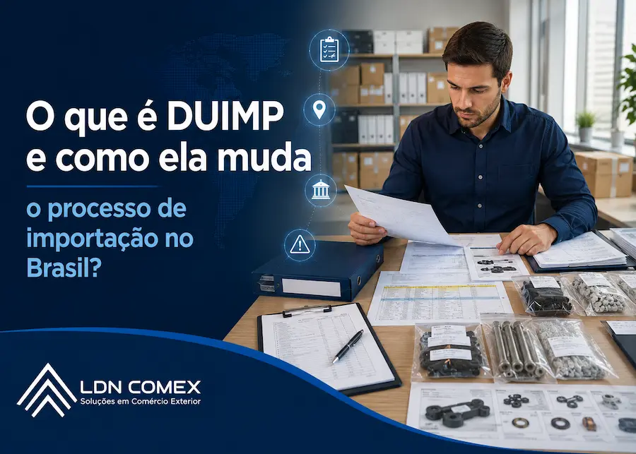 Profissional analisa documentos e informações técnicas de importação ao lado de componentes industriais, ilustrando a implantação da DUIMP e a modernização dos processos de importação no Brasil.