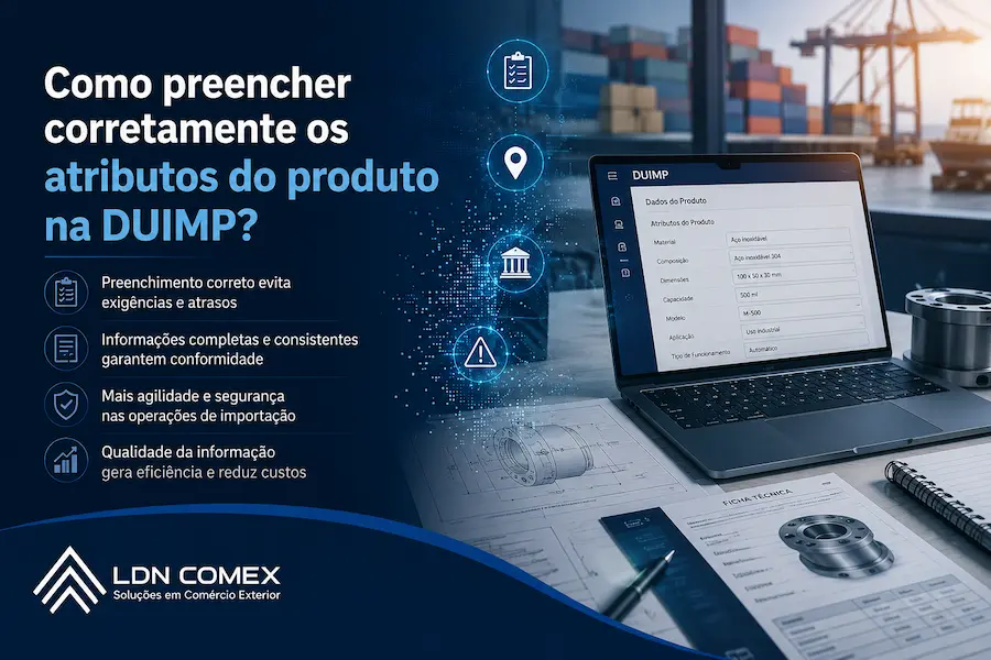 Capa sobre o preenchimento dos atributos do produto na DUIMP, com profissional analisando dados técnicos em um sistema de cadastro e elementos de comércio exterior ao fundo.