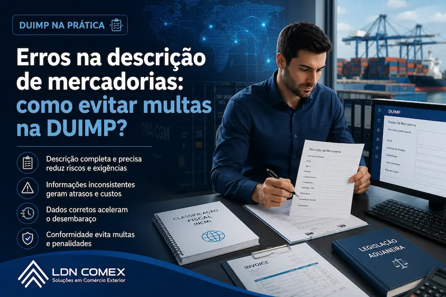Capa sobre erros na descrição de mercadorias na DUIMP, com profissional analisando documentos técnicos e informações de importação em um notebook, em ambiente corporativo ligado ao comércio exterior.