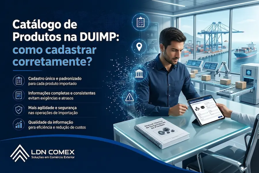 Infográfico da LDN Comex sobre cadastro de Catálogo de Produtos na DUIMP no comércio exterior.