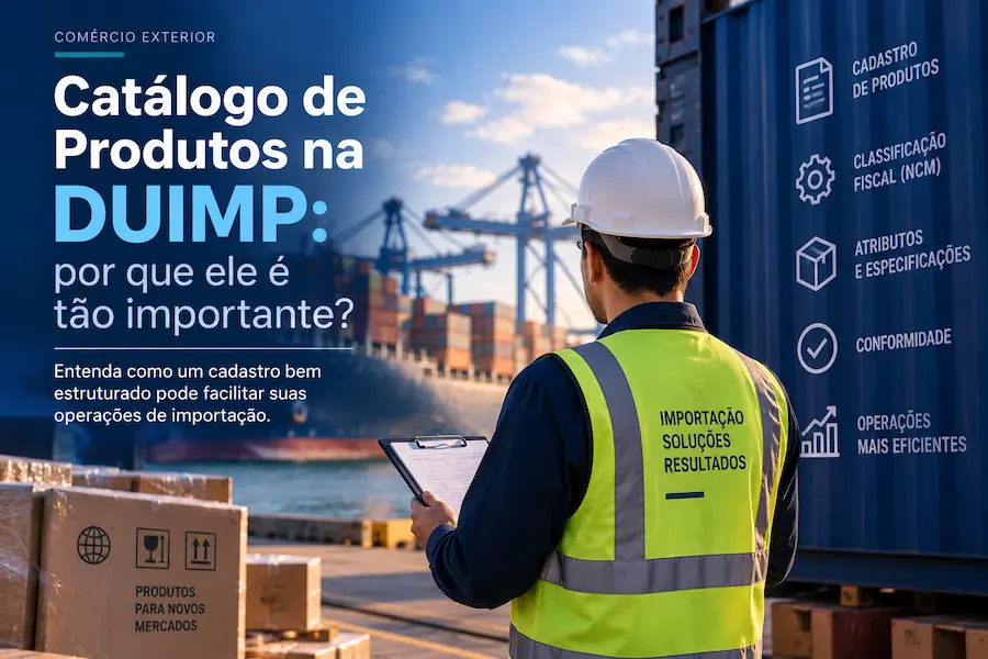 Capa sobre o Catálogo de Produtos na DUIMP, com trabalhador em terminal portuário conferindo informações de importação, contêiner e navio cargueiro ao fundo.