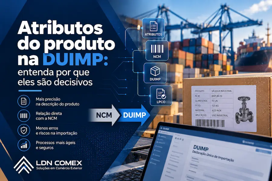 Capa sobre os atributos do produto na DUIMP, com carga industrial em porto e elementos gráficos relacionados a atributos, NCM, DUIMP e LPCO.